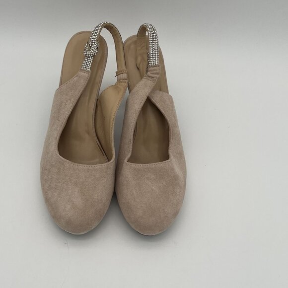 Womens Beige Suede Platform Slingback Heels With Rhinestone Strap Size 10.5 - Picture 4 of 5